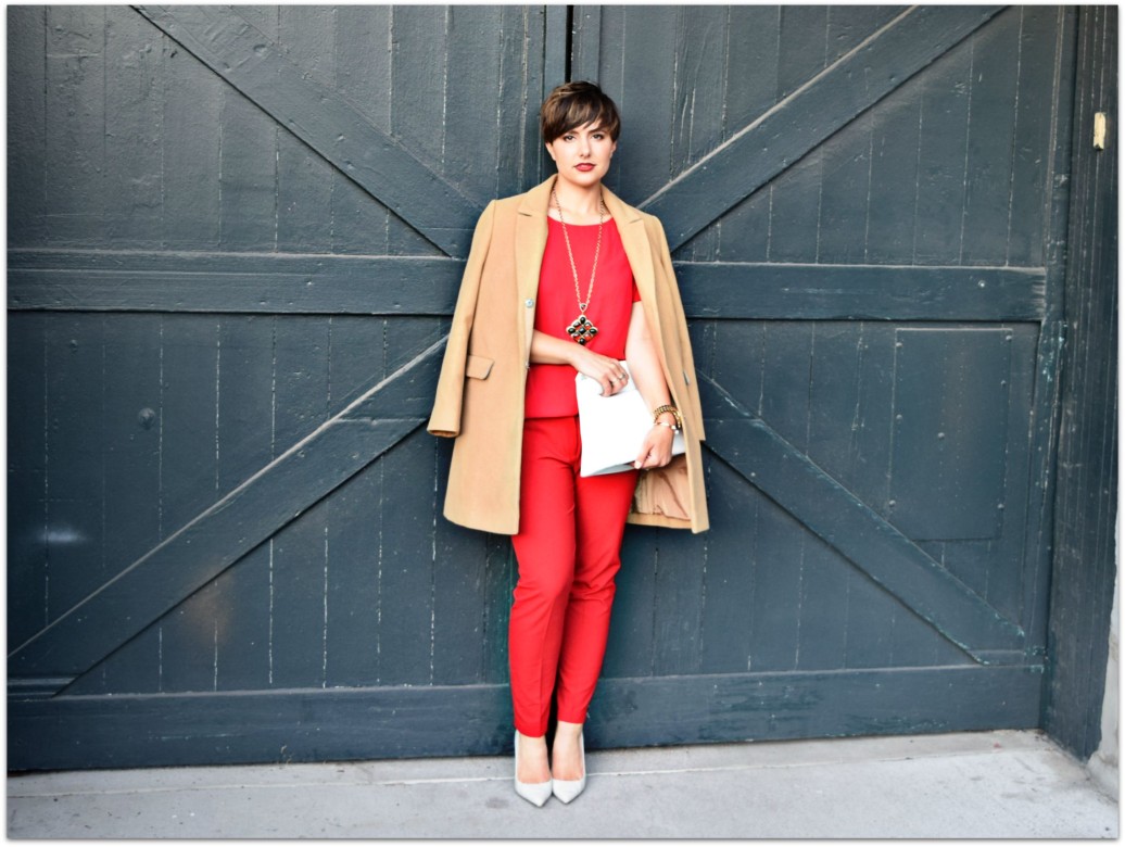 Red Outfit Camel Coat