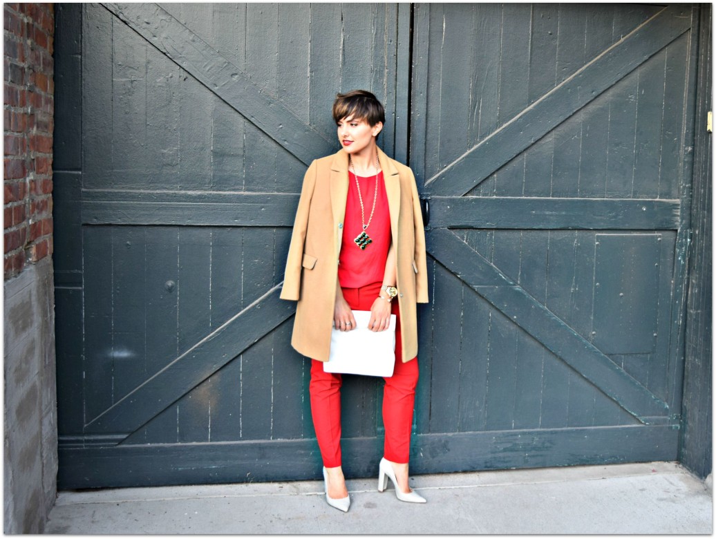 Red Outfit Camel Coat