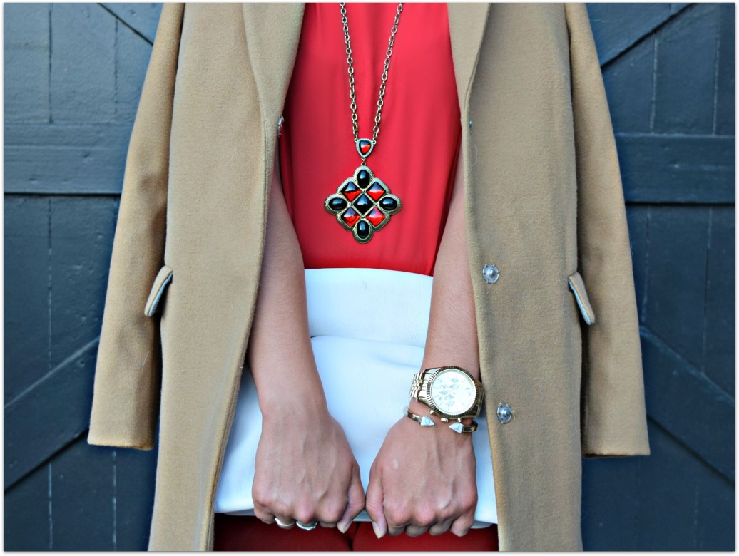 Red Outfit Camel Coat- Seattle Blogger