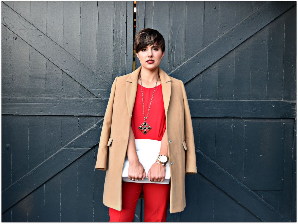 Red Outfit Camel Coat- Seattle Blogger